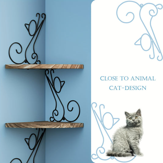 Cat Shaped Rustic Wood Corner Wall Shelves Carbonized Black