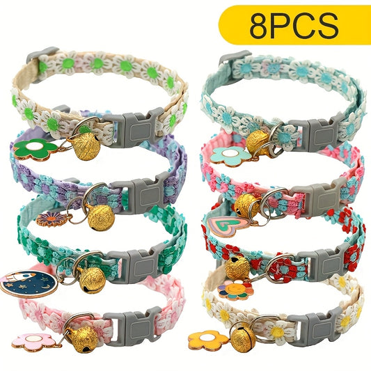 8 Piece Floral Lace Pet Collars with Bells Adjustable Buckles for Small Cats and Dogs