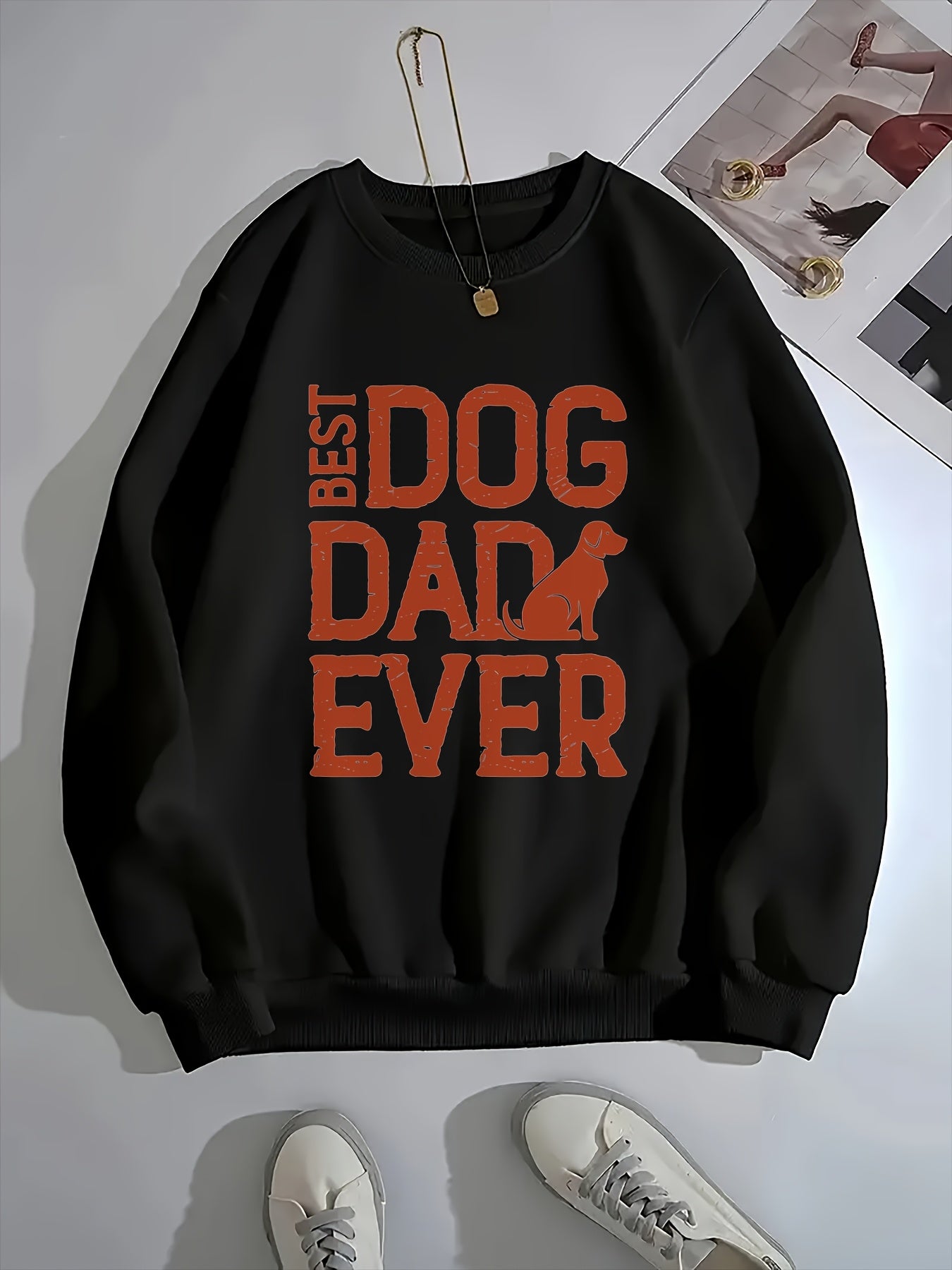 Women's Best Dog Dad Ever Crew Neck Sweatshirt - Light Beige Casual Pullover for Dog Moms