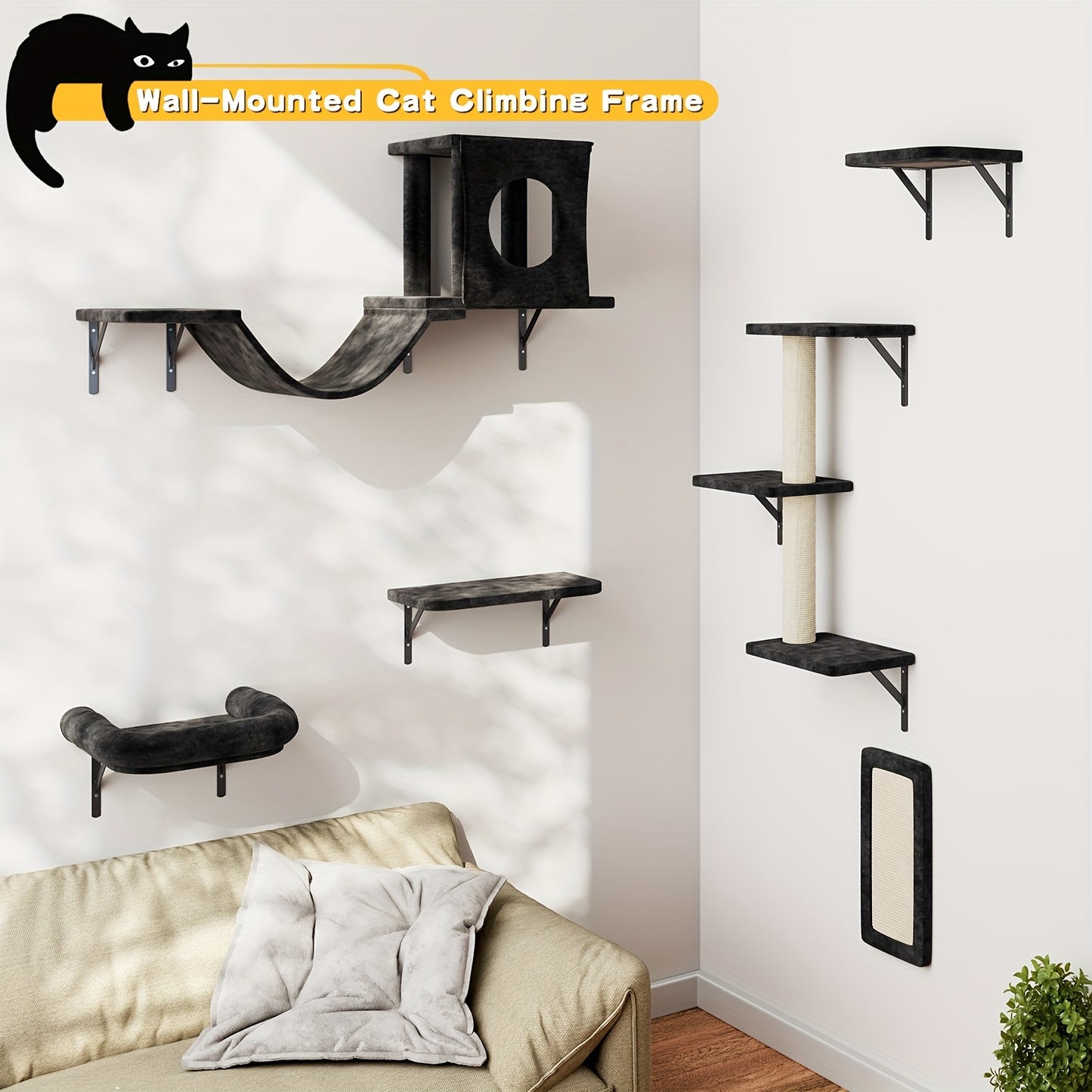 Deluxe 6pcs Wall-Mounted Cat Climbing Shelf Multi-Level Cat Tree with Condo and Scratching Post