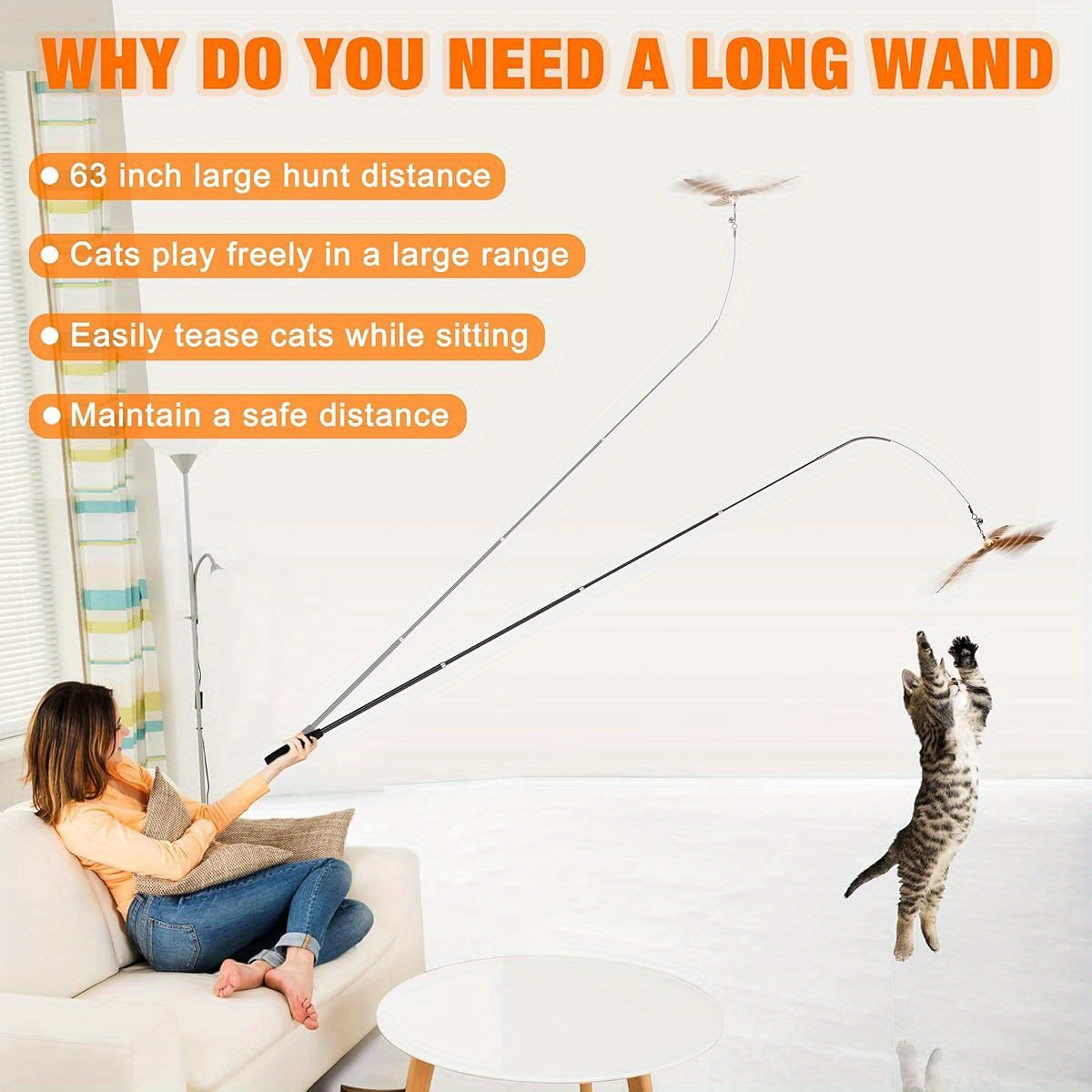 JXFUKAL 2025 Cat Toys 2in1 Spring Wand Teaser with Feather Refills for Indoor Kittens