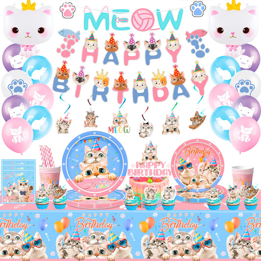 Cat Birthday Party Supplies 178pcs Kitten Decorations Plates Cups Banners Balloons Tableware Set