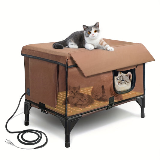 Cat House with Heating Pad and Elevated Bed 3-in-1 Design for Indoor and Outdoor Use