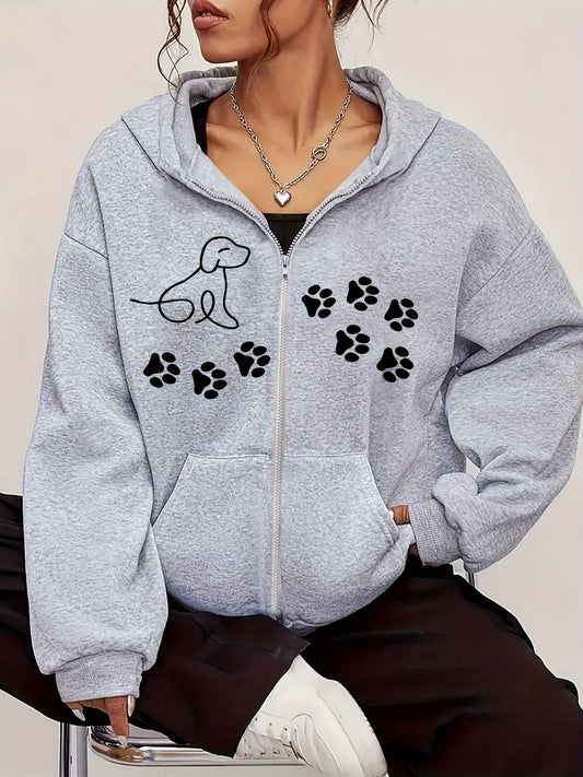 Women's Trendy Black Hoodie with Dog Paw Print Cozy Fleece Zip-Up Sweatshirt and Kangaroo Pocket