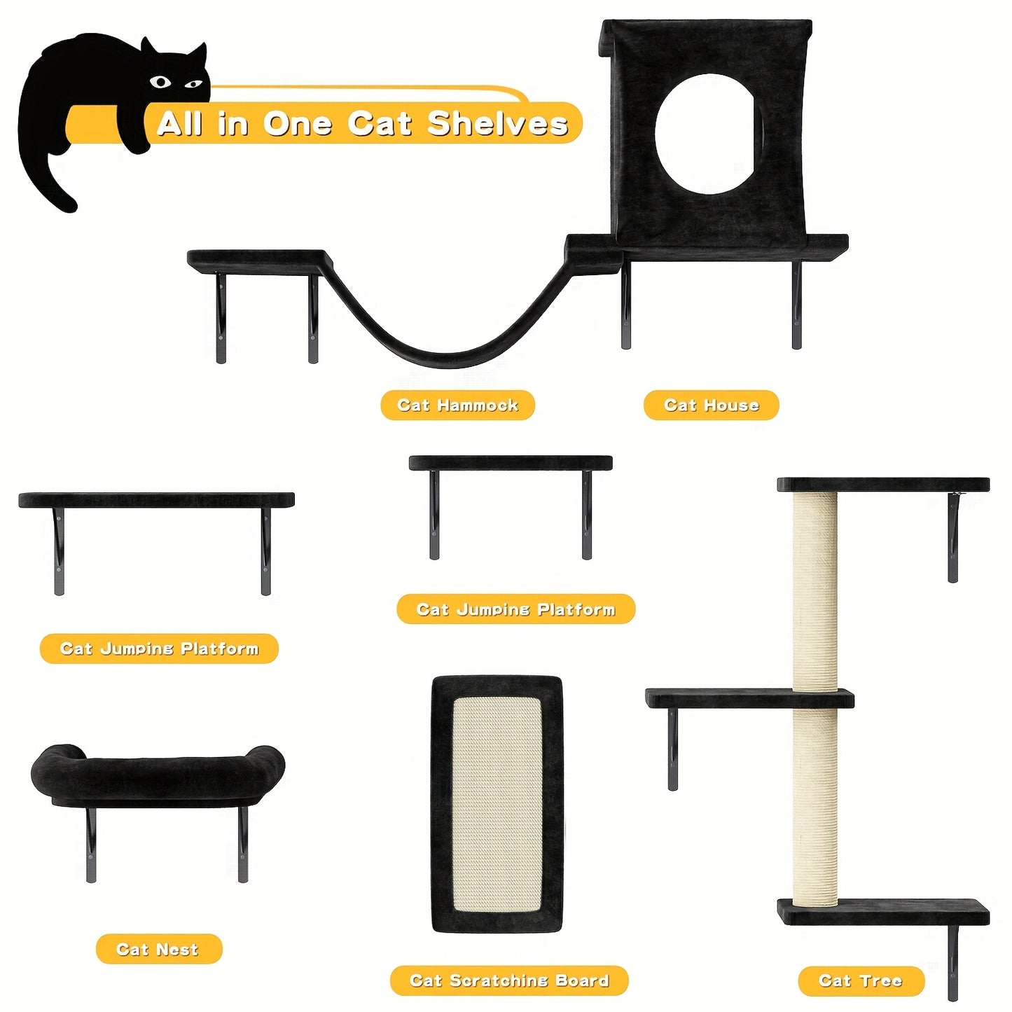 Deluxe 6pcs Wall-Mounted Cat Climbing Shelf Multi-Level Cat Tree with Condo and Scratching Post