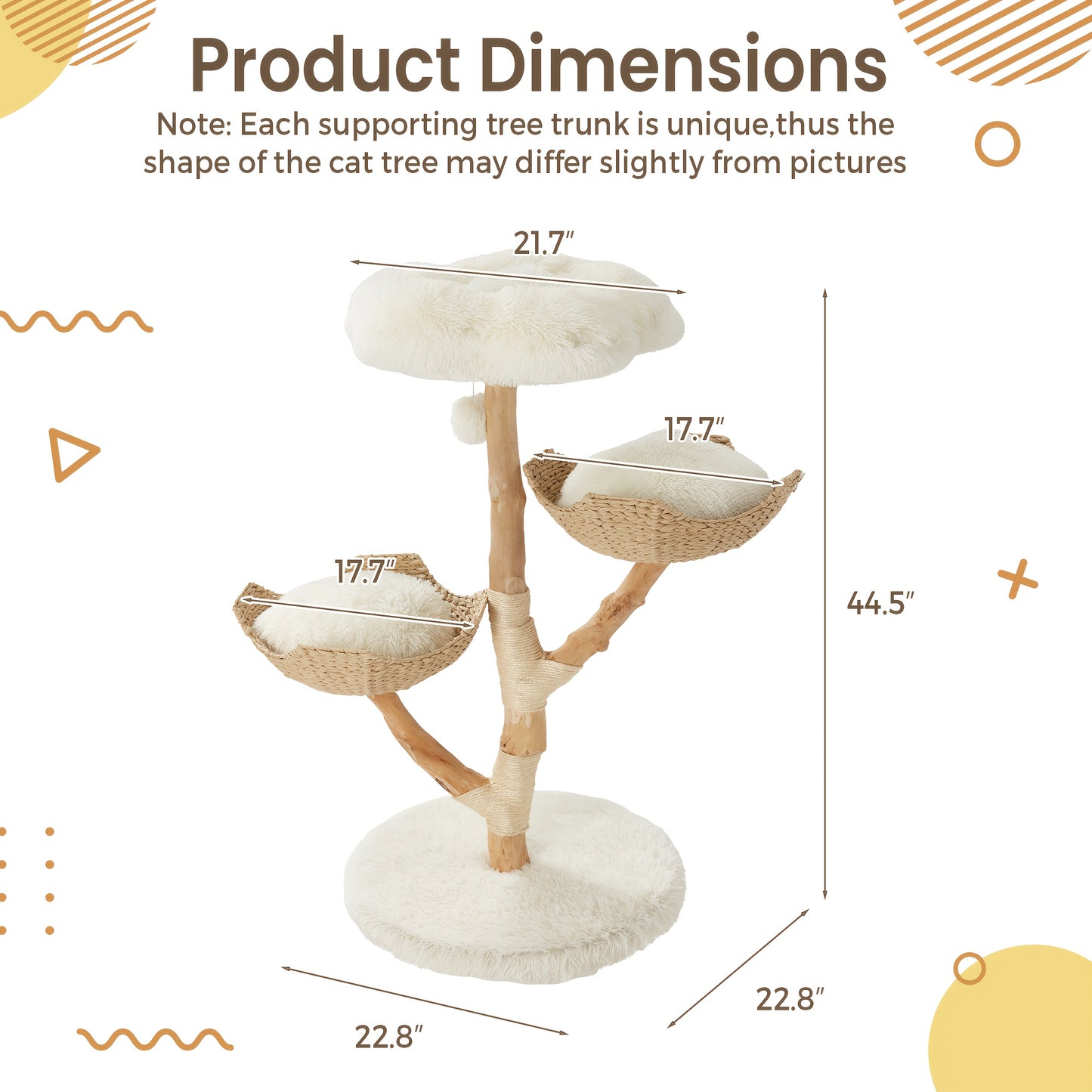 Natural Wood Multi-Level Cat Tower with Woven Baskets and Condo for Indoor Cats