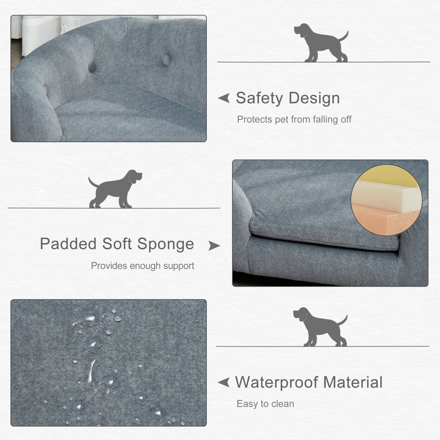 PawHut Gray Dog Cat Couch Sofa Bed for Miniature Dogs with Washable Cushion and Waterproof Cover