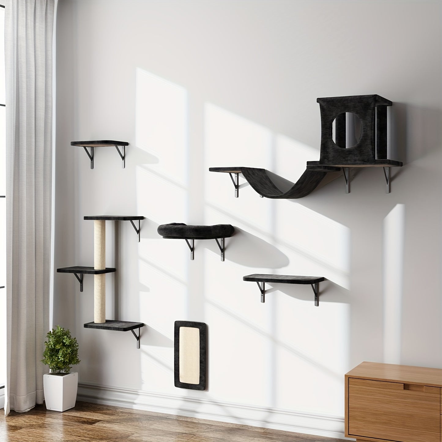 Deluxe 6pcs Wall-Mounted Cat Climbing Shelf Multi-Level Cat Tree with Condo and Scratching Post