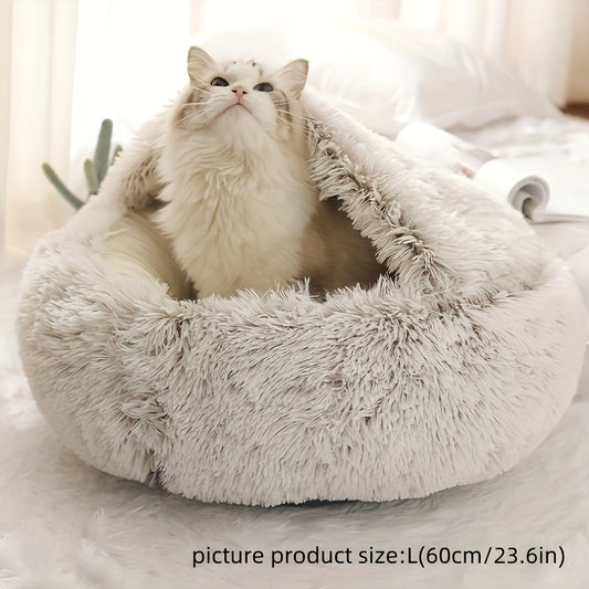 Cozy Round Plush Cat Bed Cave Fluffy Hooded Anti Anxiety Pet Bed For Indoor Cats And Small Dogs