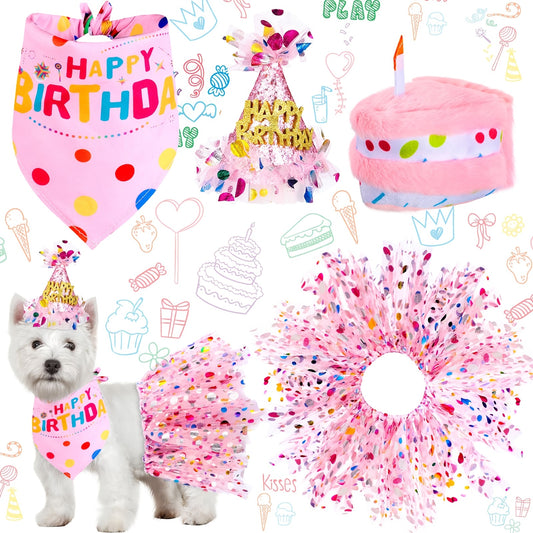 4pcs Dog Birthday Party Outfit Set with Bandana Hat Tutu Skirt and Dress for Medium Breeds