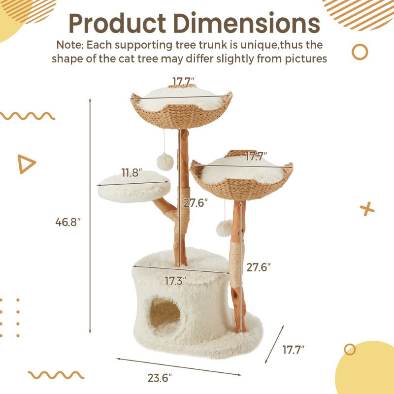 Natural Wood Multi-Level Cat Tower with Woven Baskets and Condo for Indoor Cats
