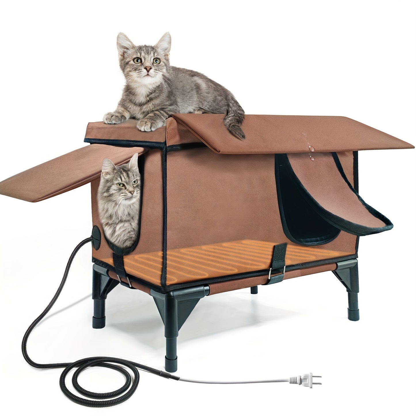 Cat House with Heating Pad and Elevated Bed 3-in-1 Design for Indoor and Outdoor Use