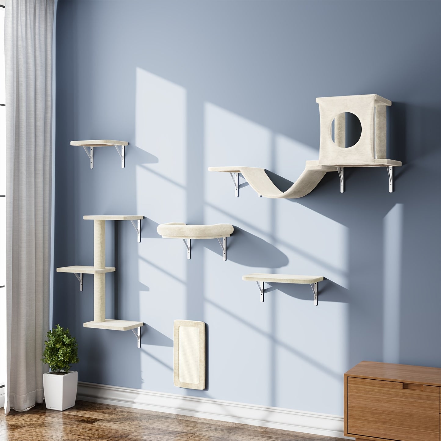 Deluxe 6pcs Wall-Mounted Cat Climbing Shelf Multi-Level Cat Tree with Condo and Scratching Post