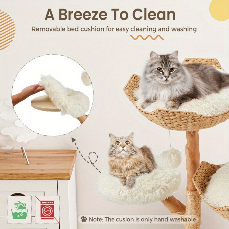 Natural Wood Multi-Level Cat Tower with Woven Baskets and Condo for Indoor Cats