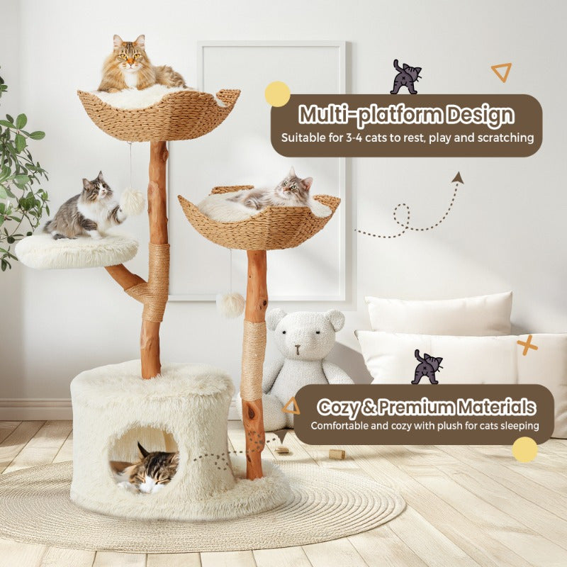 Natural Wood Multi-Level Cat Tower with Woven Baskets and Condo for Indoor Cats