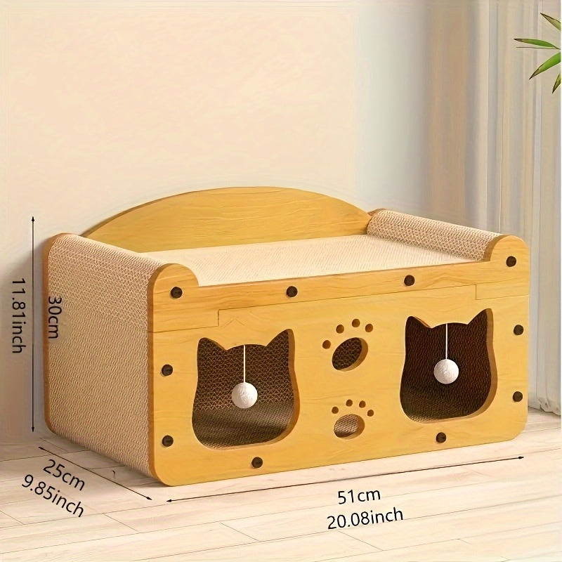 2025 Latest Cat Villa 2-in-1 House with Scratching Board and Interactive Toy Balls