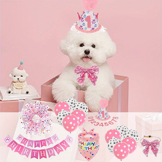 27pcs Pink Pet Birthday Party Kit with Tutu Hat Bandana and More for Dogs and Cats