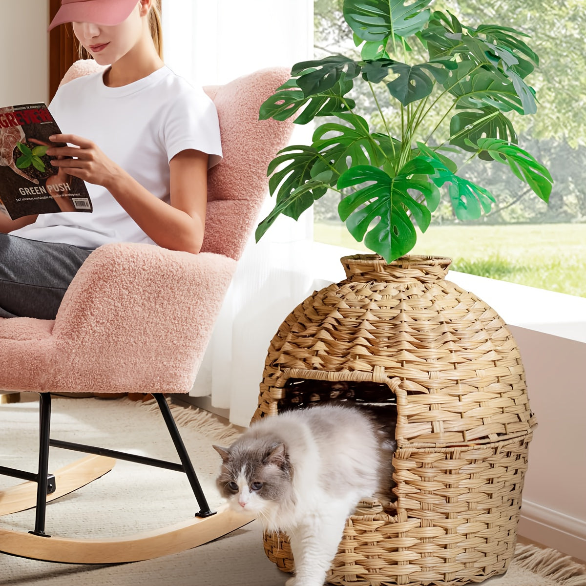 Hidden Cat Litter Box Plant Rattan Enclosure Living Room