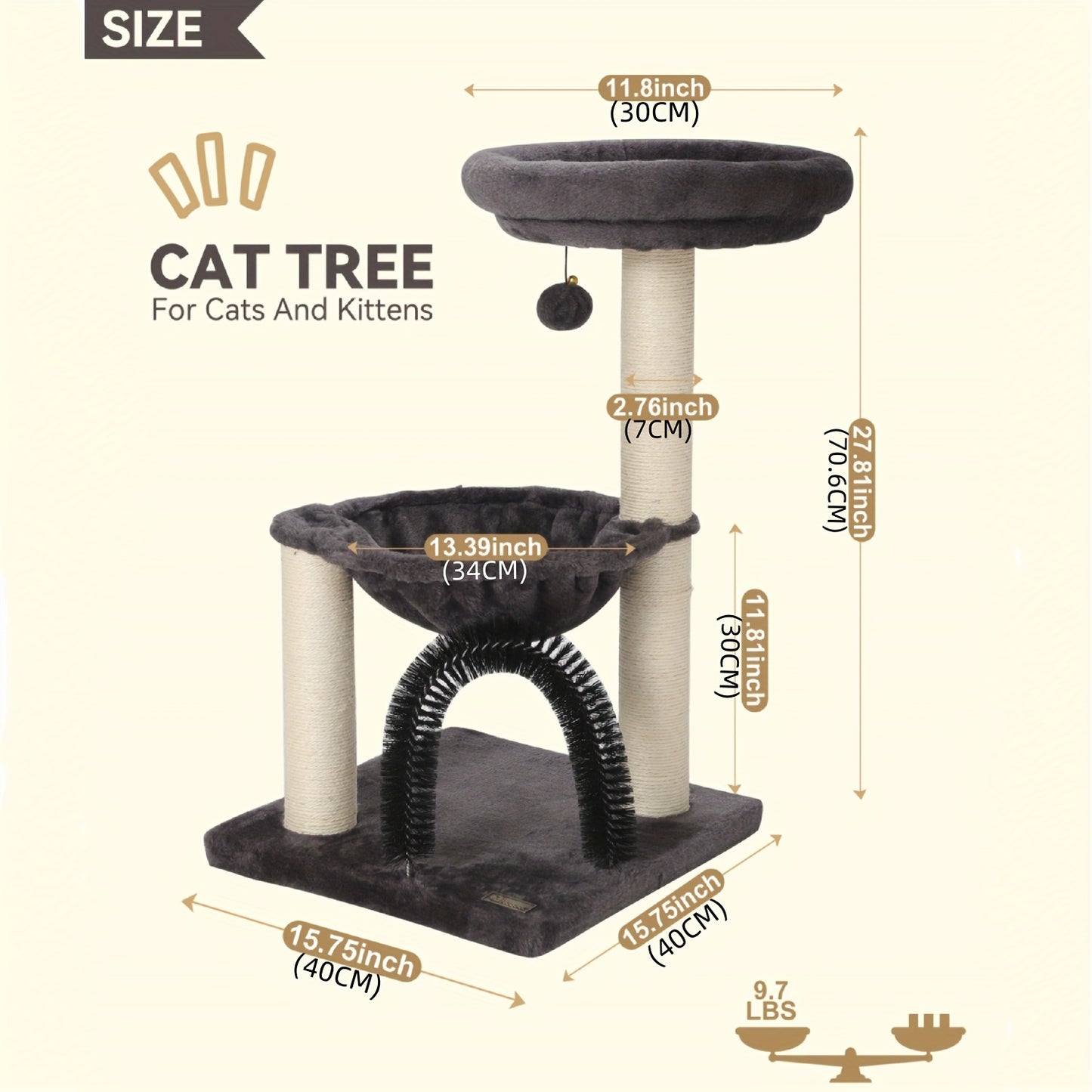 FluffyDream 27.8 Inch Multi-Level Cat Tree Tower for Indoor Cats and Kittens in Creamy Gray