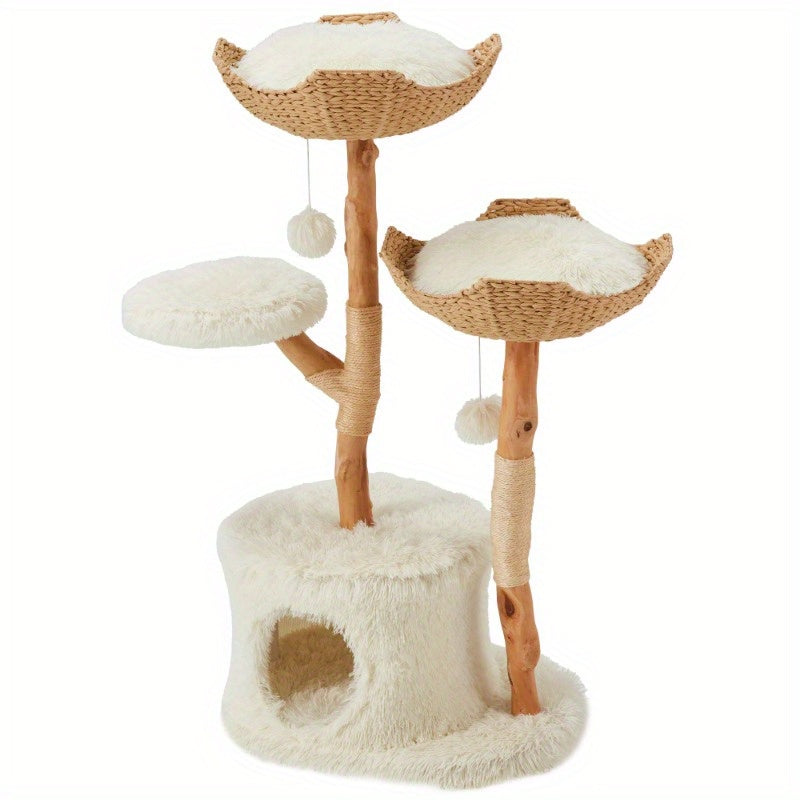 Natural Wood Multi-Level Cat Tower with Woven Baskets and Condo for Indoor Cats