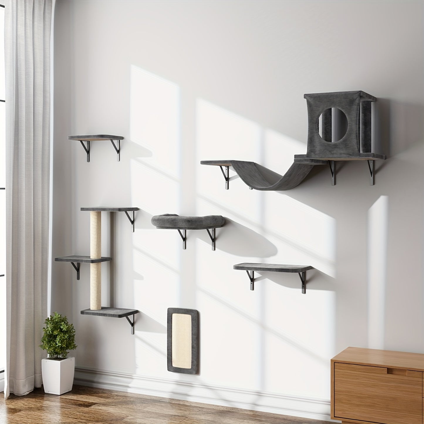 Deluxe 6pcs Wall-Mounted Cat Climbing Shelf Multi-Level Cat Tree with Condo and Scratching Post