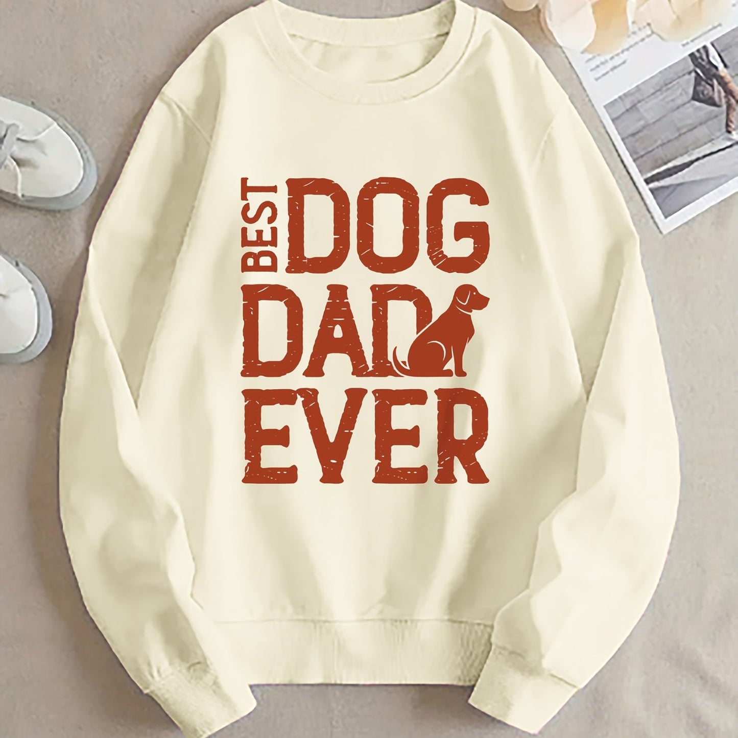 Women's Best Dog Dad Ever Crew Neck Sweatshirt - Light Beige Casual Pullover for Dog Moms