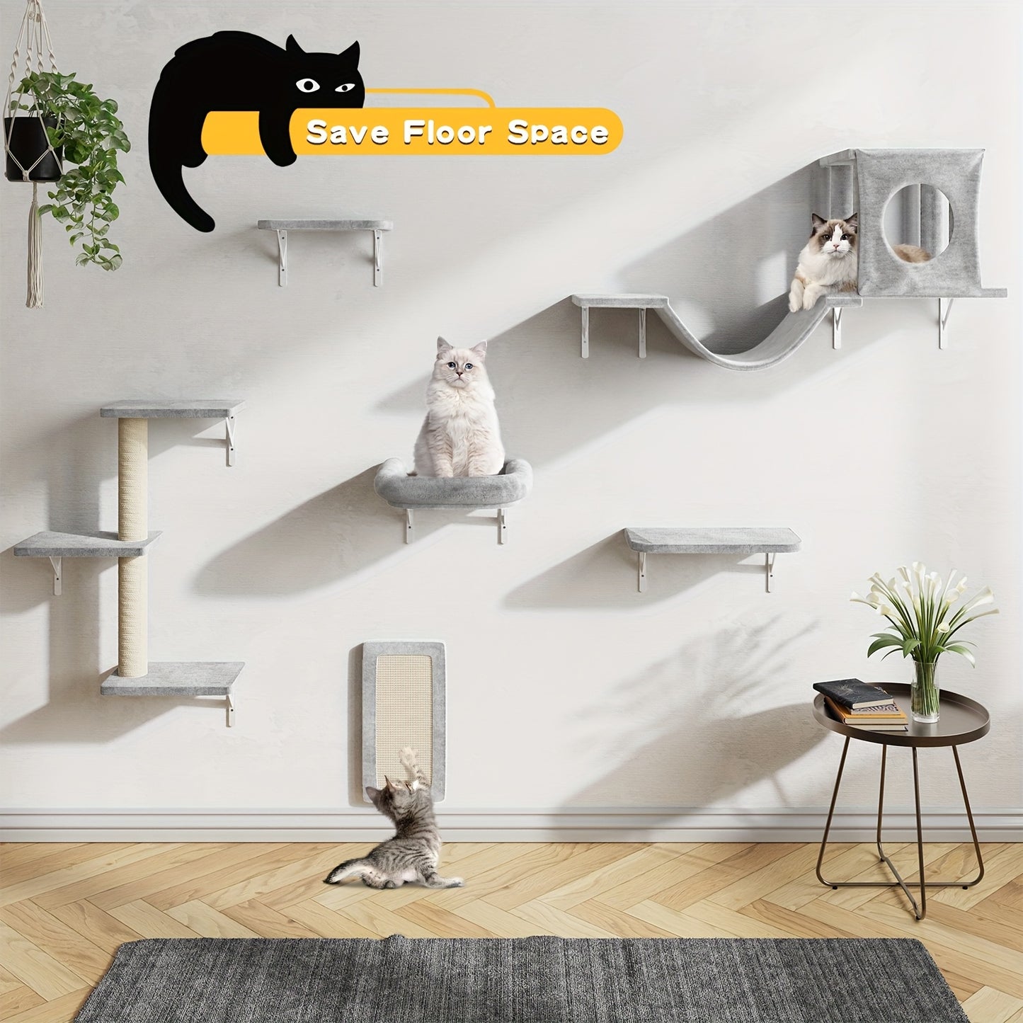 Deluxe 6pcs Wall-Mounted Cat Climbing Shelf Multi-Level Cat Tree with Condo and Scratching Post