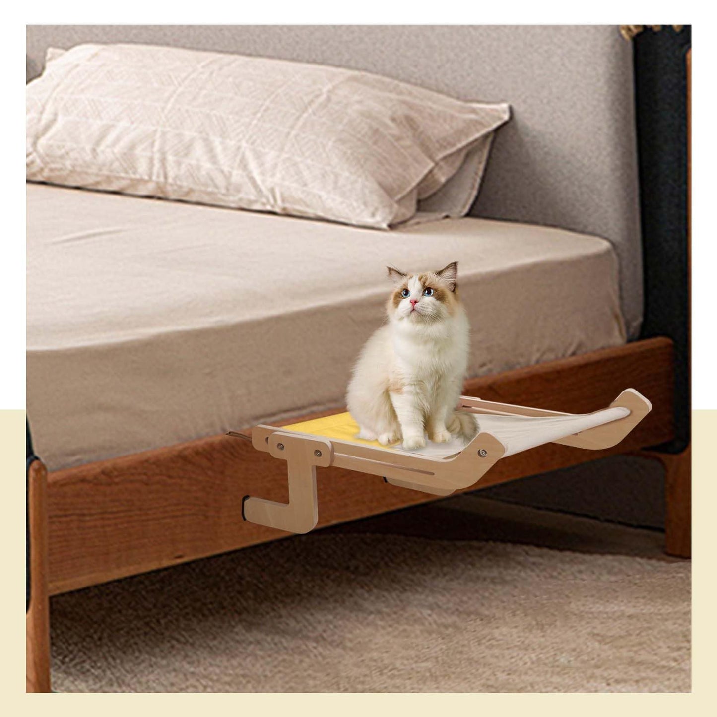 Cat Window Perch Bed Wooden Frame Yellow Patchwork Cover