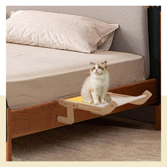 Cat Window Perch Bed Wooden Frame Yellow Patchwork Cover