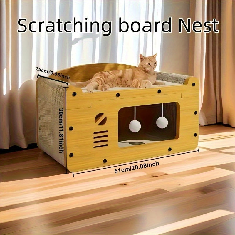 2025 Latest Cat Villa 2-in-1 House with Scratching Board and Interactive Toy Balls