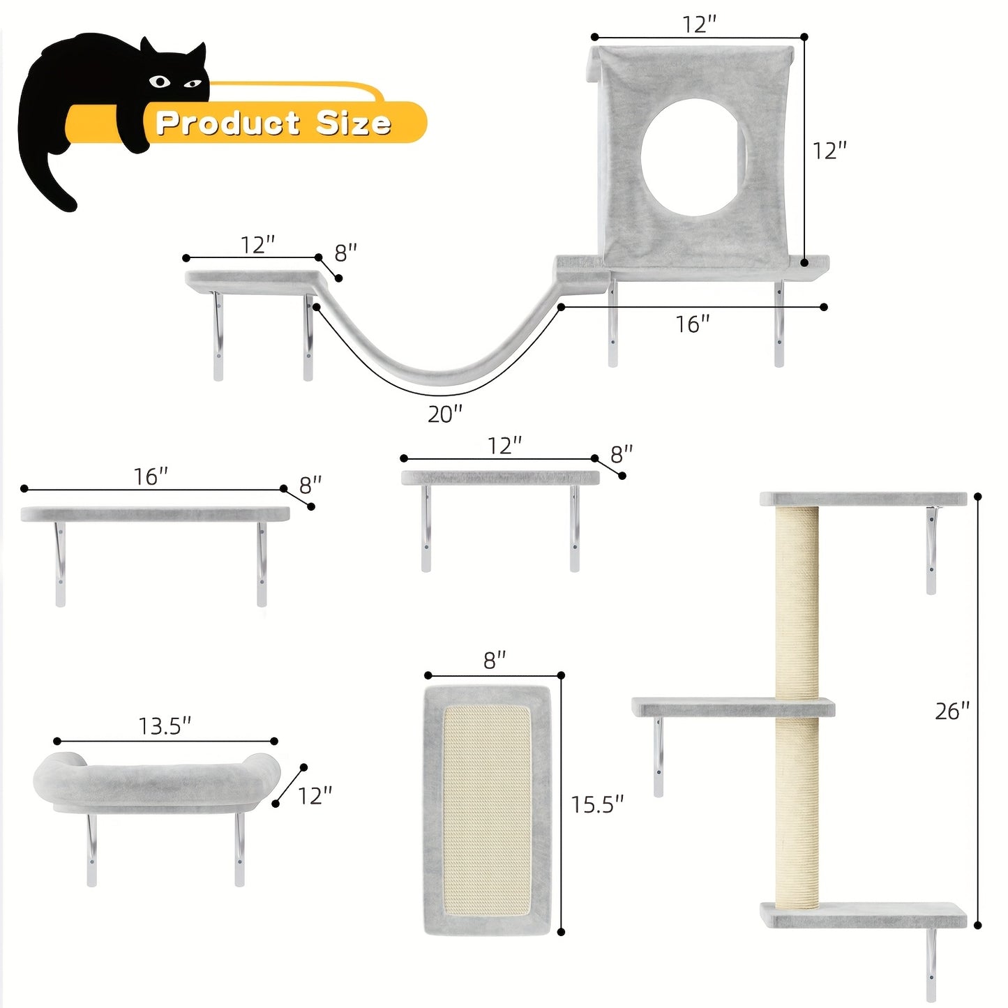 Deluxe 6pcs Wall-Mounted Cat Climbing Shelf Multi-Level Cat Tree with Condo and Scratching Post