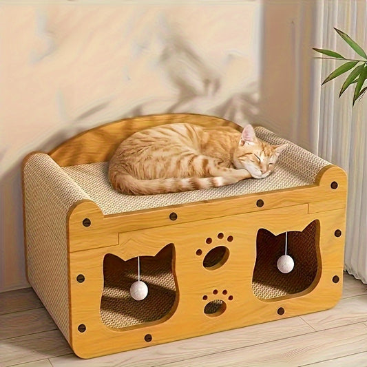 2025 Latest Cat Villa 2-in-1 House with Scratching Board and Interactive Toy Balls