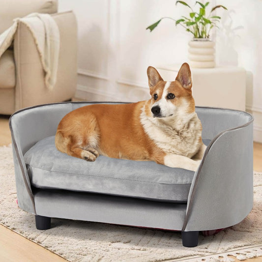 Modern Wooden Pet Sofa Bed for Small to Medium Dogs and Cats with Washable Cushion in Light Gray