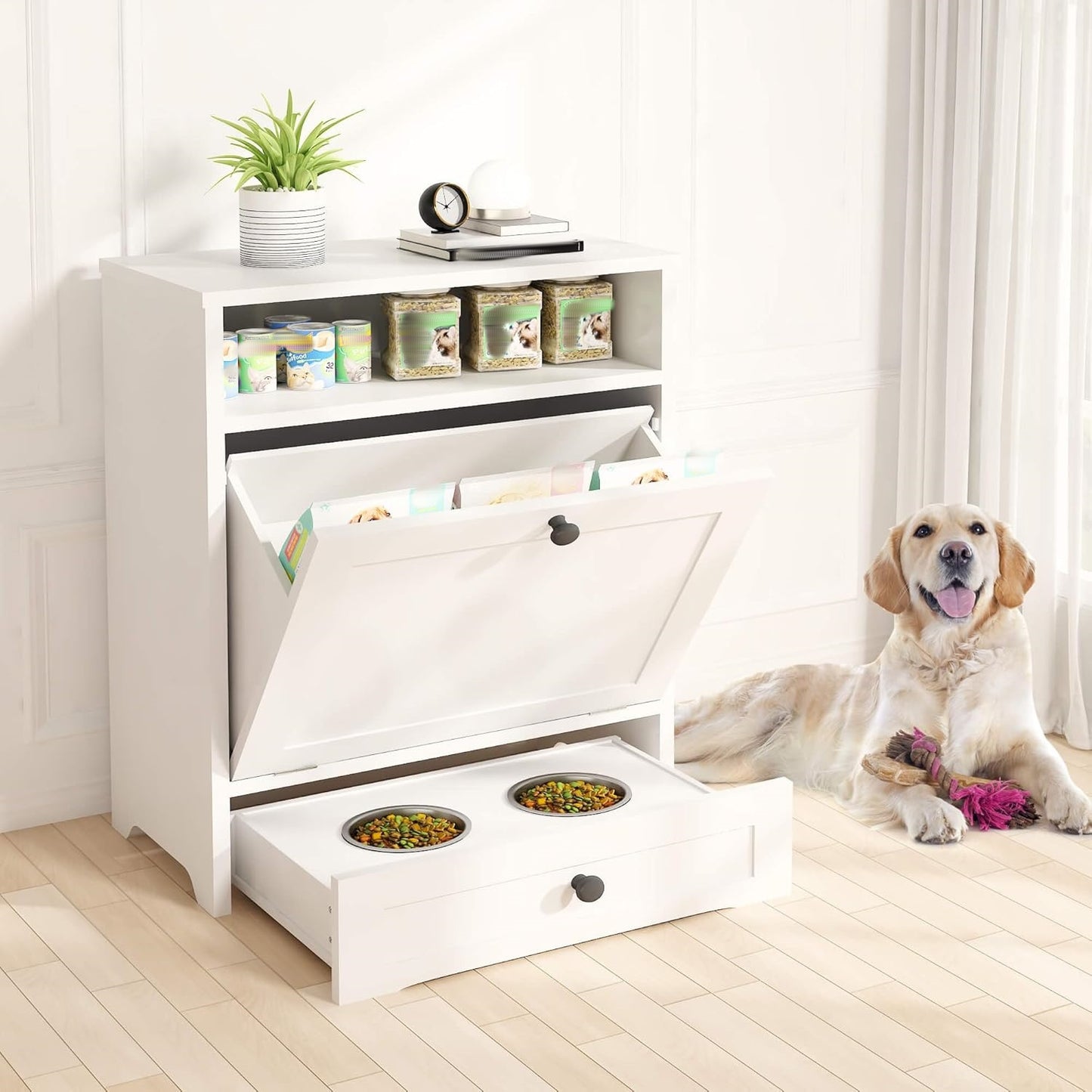 Wooden Elevated Dog Feeding Station With Storage Drawer
