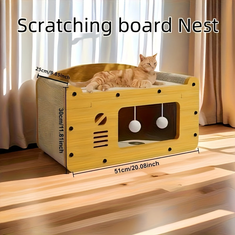 2025 Latest Cat Villa 2-in-1 House with Scratching Board and Interactive Toy Balls