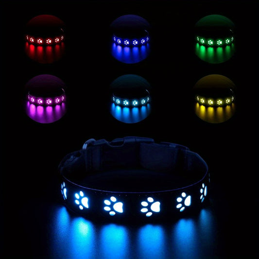 7 Color LED Dog Collar with Paw Pattern USB Rechargeable Adjustable Fit for Nighttime Safety